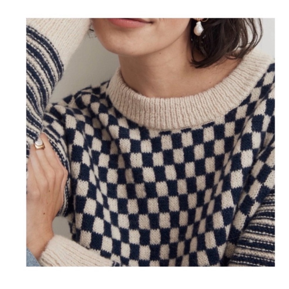 Madewell Navy and Cream Checkerboard Crewneck Sweater Alpaca blend. EUC XS - Picture 2 of 7
